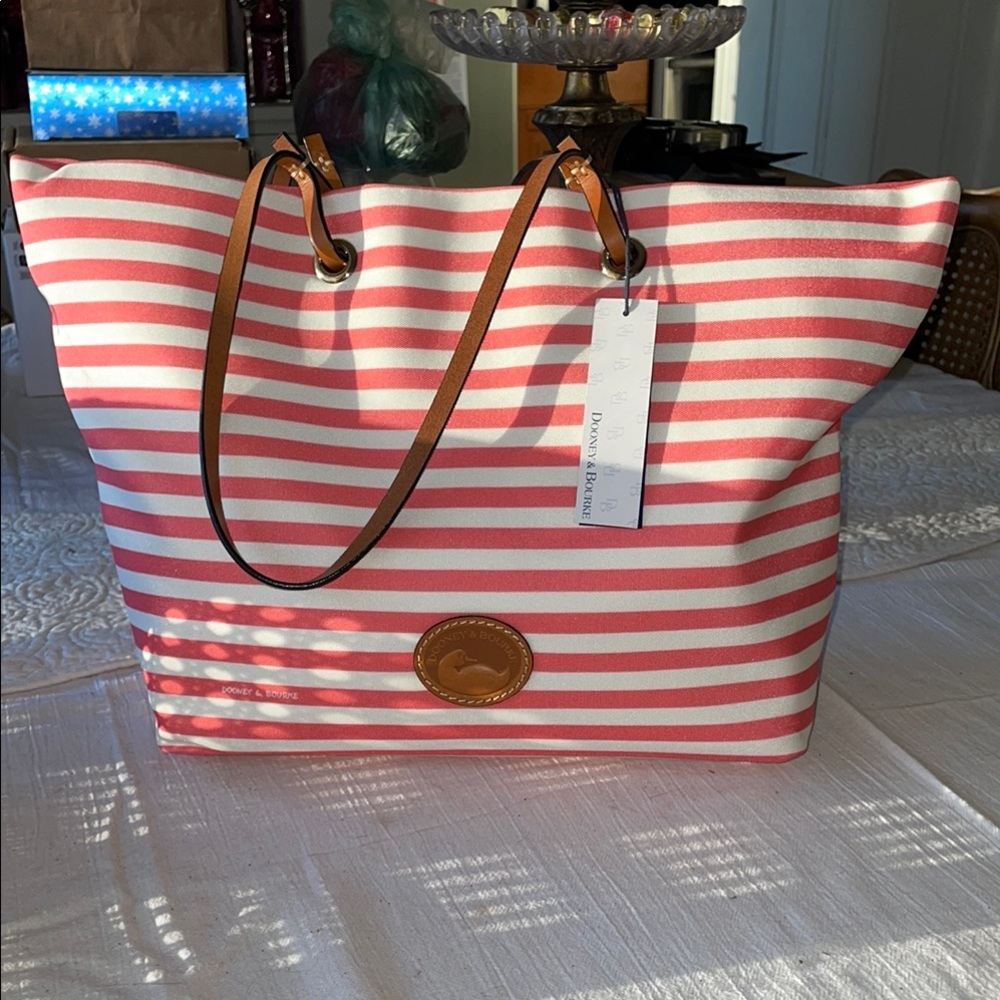 Dooney & Bourke Pink and White Striped Canvas Tote